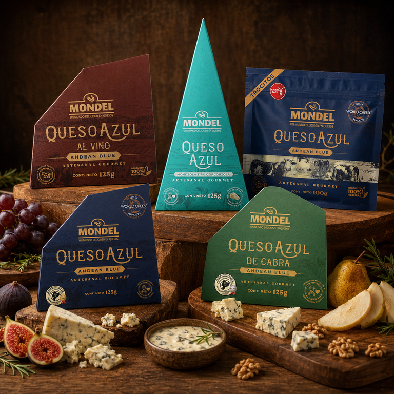 Quesos azules Mondel Andean Blue, Azul de Cabra y Mondzola sobre tabla de madera
