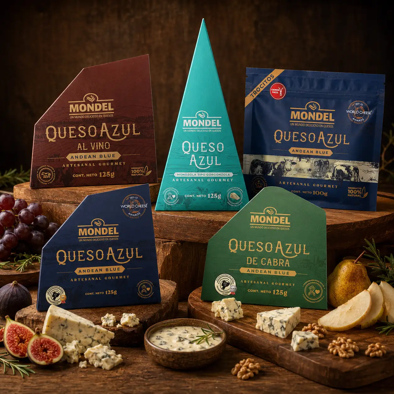 Quesos azules Mondel Andean Blue, Azul de Cabra y Mondzola sobre tabla de madera