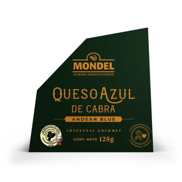 Empaque del Queso Azul de Cabra Andean Blue 125 g de Mondel, queso azul de leche de cabra hecho en Ecuador
