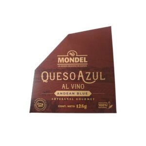 Empaque del Queso Azul Andean Blue al Vino 125 g de Mondel, queso azul de leche de vaca afinado con vino tinto, hecho en Ecuador