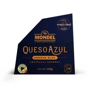 Empaque del Queso Azul Andean Blue 125 g de Mondel, queso azul de leche de vaca hecho en Ecuador, con la medalla de bronce de los World Cheese Awards 2021-22