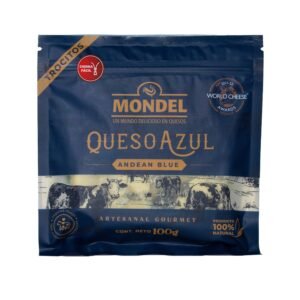Queso Azul Andean Blue en Trocitos 100 g — Mondel Funda resellable de Queso Azul Andean Blue en Trocitos 100 g de Mondel, queso azul de leche de vaca cortado en cubitos, hecho en Ecuador