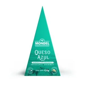 Empaque del Mondzola tipo Gorgonzola 125 g de Mondel, queso azul de leche de vaca estilo gorgonzola hecho en Ecuador