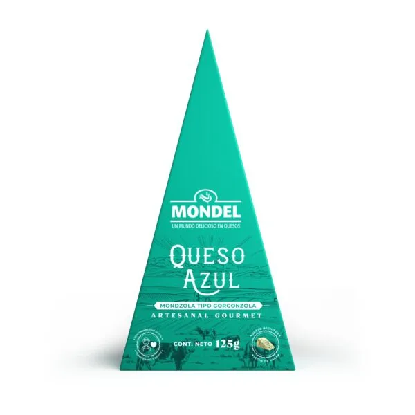 Mondzola tipo Gorgonzola 125 g — Mondel Empaque del Mondzola tipo Gorgonzola 125 g de Mondel, queso azul de leche de vaca estilo gorgonzola hecho en Ecuador