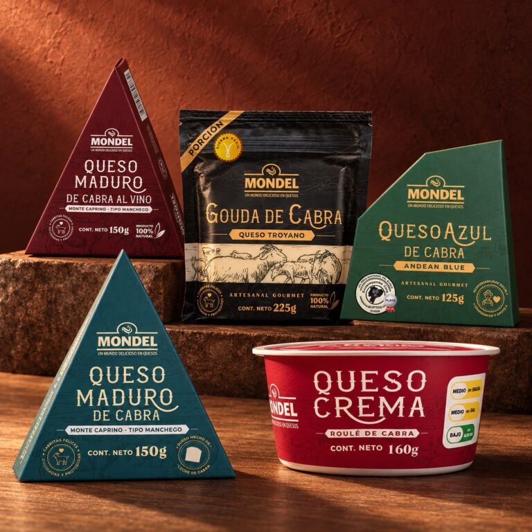 Quesos de cabra MONDEL sobre piedra y madera con fondo terracota: Queso Maduro de Cabra al Vino 150 g, Gouda de Cabra 225 g, Queso Azul de Cabra Andean Blue 125 g, Queso Maduro de Cabra 150 g y Queso Crema Roulé de Cabra 160 g