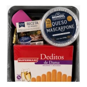 Pack Navideño 15 — Kit de Tiramisú Pack Navideño 15 — Kit de Tiramisú de Mr. Cheese: Queso Mascarpone 150 g, deditos de dama, café soluble, paleta de repostería y molde para horno