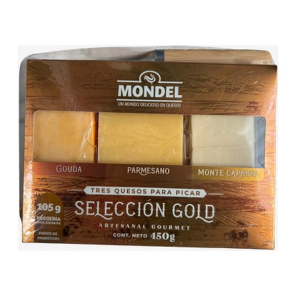 Pack Navideño 2 — Selección Gold con Tabla de Bambú Pack Navideño 2 — Selección Gold con Tabla de Bambú de Mr. Cheese: Selección Gold de gouda, parmesano y Monte Caprino 450 g, tabla de bambú y cuchillo